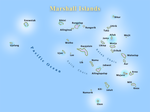 A map of Marshall Islands atoll chains.
